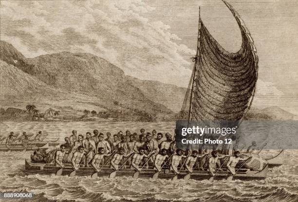 Terreeoboo, King of O'Whyee, bringing presents to Captain Cook'. Terreeoboo and his party travelling by catamaran with 10 men on each side propelling...