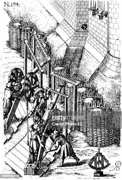 Laying siege cannon on target. Bottom right is a gunner's level. Earth-filled Gabions give some protection for guns and men. From Agostino Ramelli...
