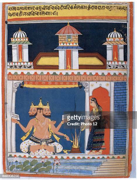 Brahma, Hindu 'Absolute', receiving an offering. Brahma first in the Hindu divine triad, the others being Vishnu and Shiva. After 18th century Indian...