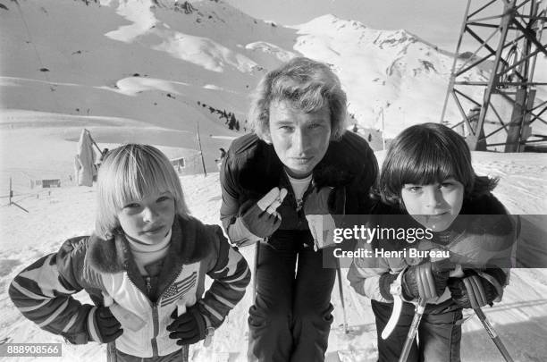 Johnny Hallyday and his son David Hallyday on a ski trip, January 1974