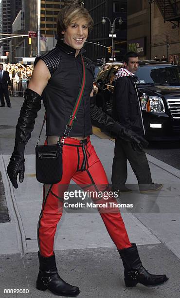 Sacha Baron Cohen dressed as Bruno visits "Late Show With David Letterman" at the Ed Sullivan Theater on July 7, 2009 in New York City.