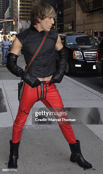 Sacha Baron Cohen dressed as Bruno visits "Late Show With David Letterman" at the Ed Sullivan Theater on July 7, 2009 in New York City.