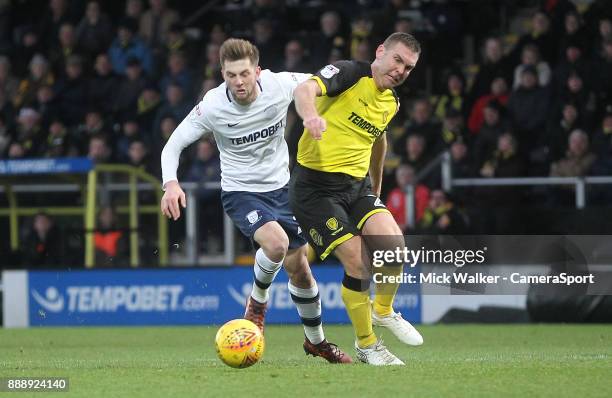 Preston North End's Tom Barkuizen battles with Burton Albion's Jake Buxton during the Sky Bet Championship match between Burton Albion and Preston...