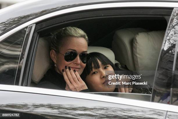 Laeticia Hallyday and her daughter Jade Hallyday are seen during the funeral of Johnny Hallyday at Eglise De La Madeleine on December 9, 2017 in...