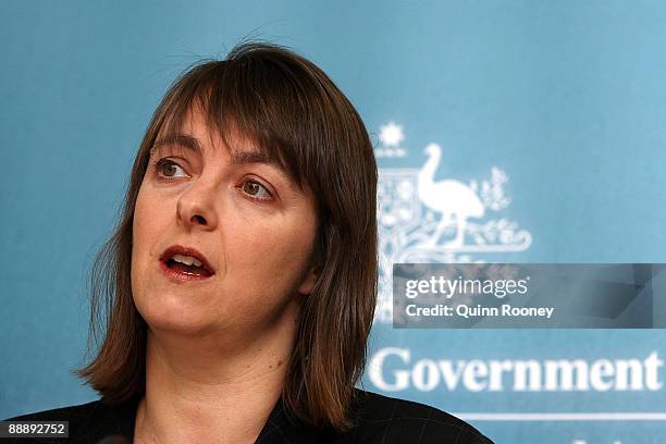 The Minister for Health and Ageing Nicola Roxon talks to the media during a press conference at the office for Health and Ageing on July 8, 2009 in...