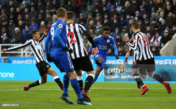 Demarai Gray of Leicester City scores the 2nd Leicester goal during the Premier League match between Newcastle United and Leicester City at St. James...