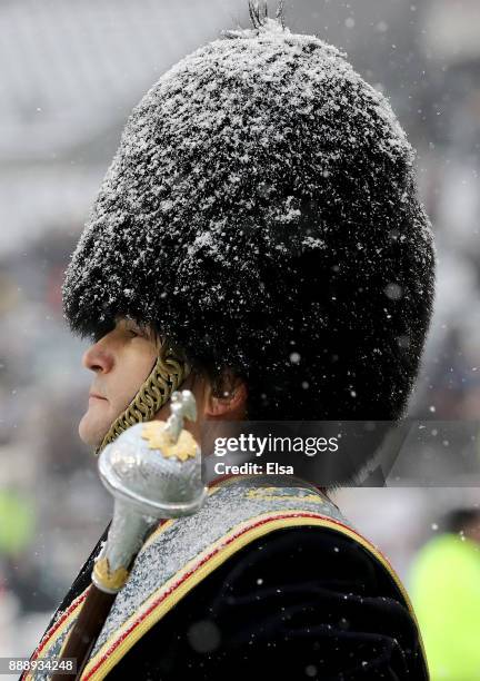 The Naval Academy band drum major stands on the field prior to the game between the Army Black Knights and the Navy Midshipmen on December 9, 2017 at...