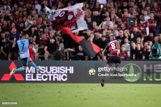 Western Sydney Wanderers midfielder Roly Bonevacia has a shot at goal at the Hyundai A-League match between Western Sydney Wanderers and Sydney FC on...