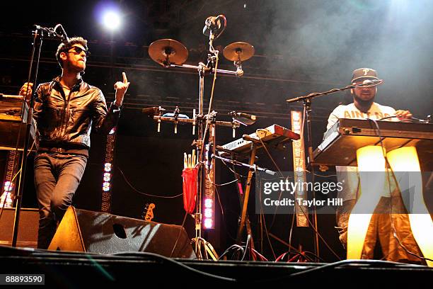Musicians Dave "Dave 1" Macklovitch and Patrick "P-Thugg" Gemayel of Chromeo perform on stage during the 2009 Rothbury Music Festival on July 3, 2009...