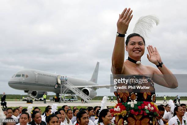 Tongan dancer farewells the New Zealand Prime Minister John Key from Fua'amotu Airport, July 07, 2009 in Nuku'alofa, Tonga. The Prime Minister is on...