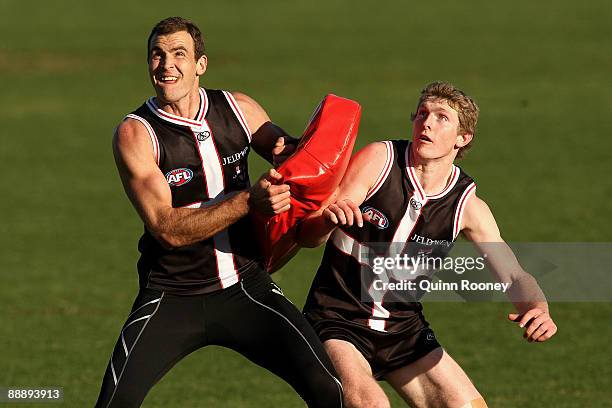 Steven King and Ben McEvoy of the Saints contest during a St Kilda Saints AFL training session held at Linen House Oval on July 8, 2009 in Melbourne,...