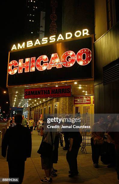 The marquee outside of the Ambassador theatre where the Broadway production of "Chicago" is being produced on July 7, 2009 in New York City.