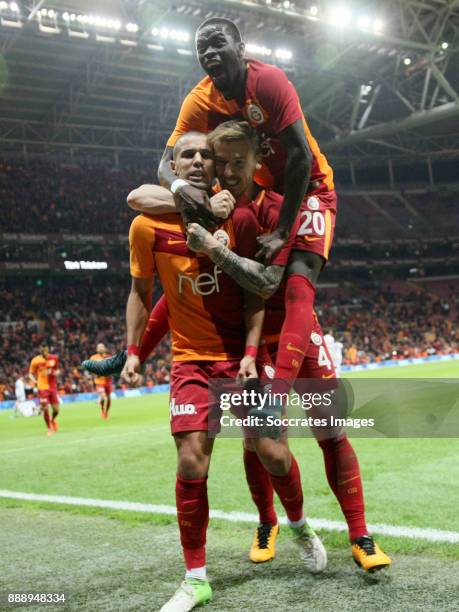 Sofiane Feghouli of Galatasaray celebrates 4-2 with Serdar Aziz of Galatasaray, Papa Alioune NÕDiaye of Galatasaray during the Turkish Super lig...