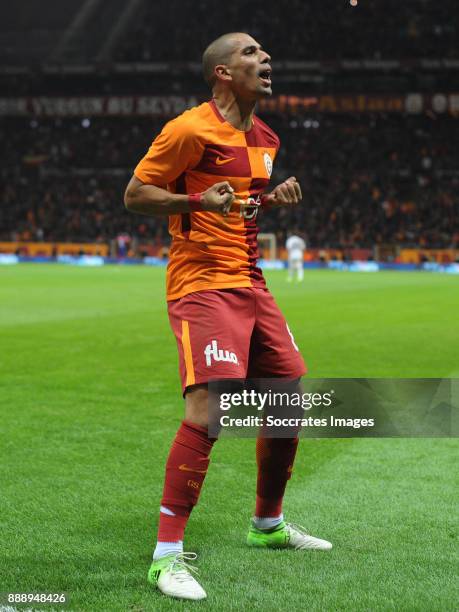 Sofiane Feghouli of Galatasaray celebrates 4-2 during the Turkish Super lig match between Galatasaray v Akhisar Belediyespor at the Turk Telecom...