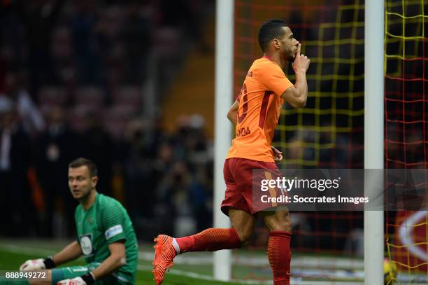 Younes Belhanda of Galatasaray celebrates 3-2 during the Turkish Super lig match between Galatasaray v Akhisar Belediyespor at the Turk Telecom...