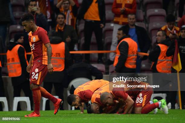 Garry Rodrigues of Galatasaray, Younes Belhanda of Galatasaray, Yasin Oztekin of Galatasaray, Sofiane Feghouli of Galatasaray during the Turkish...