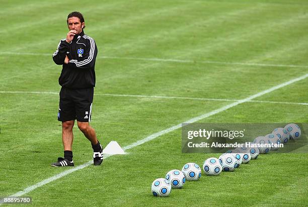 Bruno Labbadia, head coach of Hamburg looks on during a training session at day three of the Hamburger SV training camp on July 8, 2009 in...