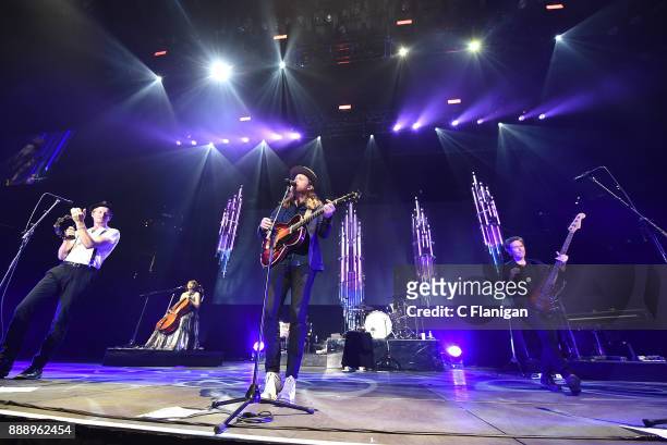 Wesley Schultz, Jeremiah Fraites, Neyla Pekarek, Stelth Ulvang and Byron Isaacs of The Lumineers perform during the Live 105's 2017 'Not So Silent...