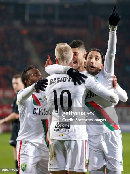 Nasser El Khayati of ADO Den Haag celebrates 1-1 with Elson Hooi of ADO Den Haag, Lex Immers of ADO Den Haag, Bjorn Johnsen of ADO Den Haag during...