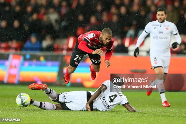 Marcus Coco of Guingamp and Papy Djilobodji of Dijon during the Ligue 1 match between EA Guingamp and Dijon FCO at Stade du Roudourou on December 9,...