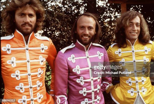 Pop vocal trio the Bee Gees in costume on the set of the film 'Sgt. Pepper's Lonely Hearts Club Band', directed by Michael Schultz, Los Angeles,...