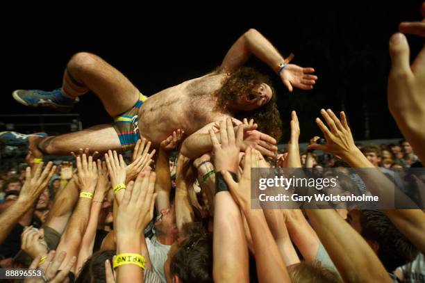 Ami Shalev of Monotonix performs on the first day of Eurockeennes Festival at Malsaucy on July 4, 2009 in Belfort, France.