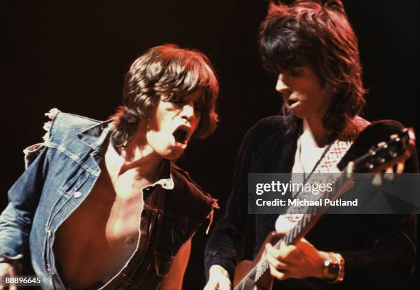 Singer Mick Jagger and guitarist Keith Richards performing on the Rolling Stones UK tour, 1973.