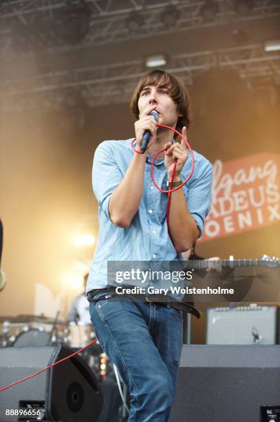Thomas Mars of Phoenix performs on stage on the third day of Eurockneennes Festival at Malsaucy on July 5, 2009 in Belfort, France.