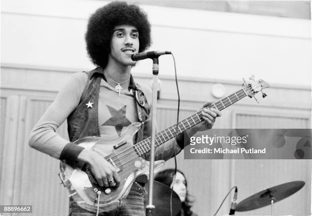 Bassist and singer Phil Lynott and drummer Brian Downey, of Irish rock group Thin Lizzy, rehearsing in London, 1973.