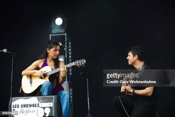 Gabriela Quintero and Rodrigo Sanchez of Rodrigo y Gabriela perform on stage on the third day of Eurockneennes Festival at Malsaucy on July 5, 2009...