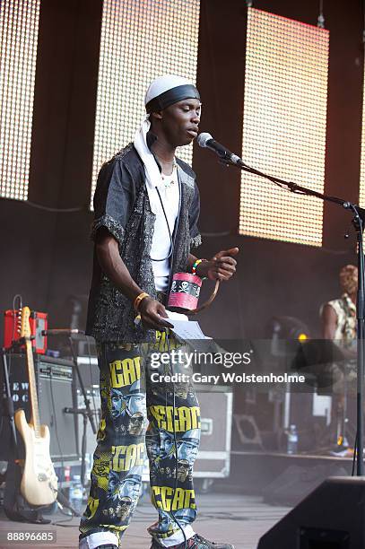 Roger Landu of Staff Benda Bilili performs on stage on the third day of Eurockneennes Festival at Malsaucy on July 5, 2009 in Belfort, France.