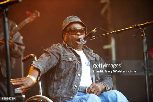 Staff Benda Bilili perform on stage on the third day of Eurockneennes Festival at Malsaucy on July 5, 2009 in Belfort, France.