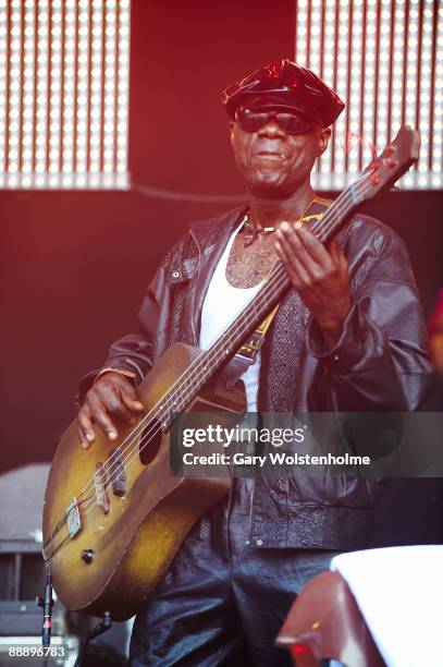 Staff Benda Bilili perform on stage on the third day of Eurockneennes Festival at Malsaucy on July 5, 2009 in Belfort, France.