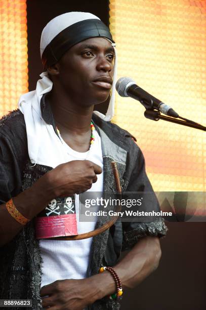 Roger Landu of Staff Benda Bilili performs on stage on the third day of Eurockneennes Festival at Malsaucy on July 5, 2009 in Belfort, France.