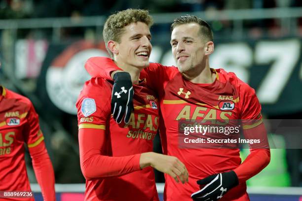 Guus Til of AZ Alkmaar celebrates 2-0 with Mats Seuntjens of AZ Alkmaar during the Dutch Eredivisie match between AZ Alkmaar v Heracles Almelo at the...