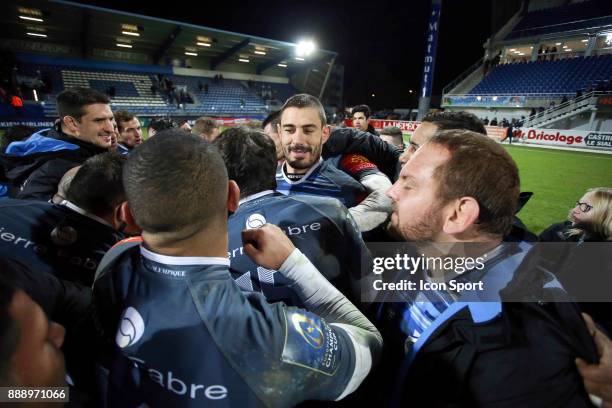 Yannick Caballero celebrates victory during the European Champions Cup match between Castres and Racing 92 on December 9, 2017 in Castres, France.