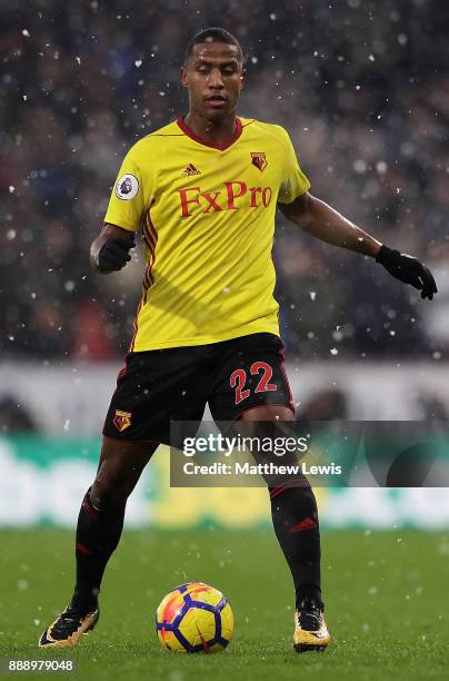 Marvin Zeegelaar of Watford in action during the Premier League match between Burnley and Watford at Turf Moor on December 9, 2017 in Burnley,...