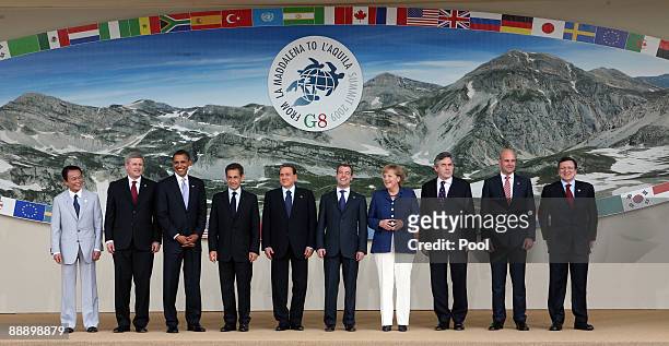 World leaders from the G8 group of nations Taro Aso , Stephen Harper , Barack Obama , Nicolas Sarkozy , Silvio Berlusconi , Dmitry Medvedev , Angela...