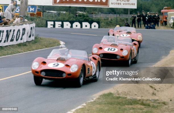 The Le Mans 24 Hours; Le Mans, June June 25-26, 1960. Three Ferrari 250TRs exit from Mulsanne. Leading is Wolfgang von Trips who will soon run out of...