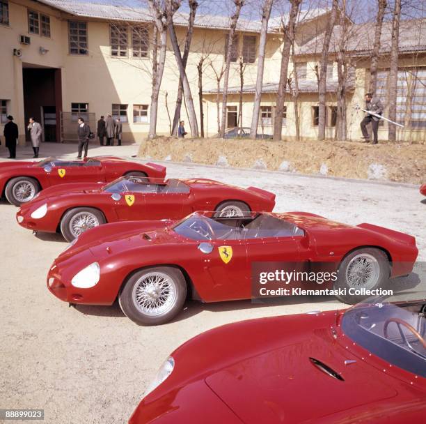 Ferrari Press Conference; Maranello, February 1962. Ferrari's 1962 sports car racing lineup in the Factory yard at Maranello.