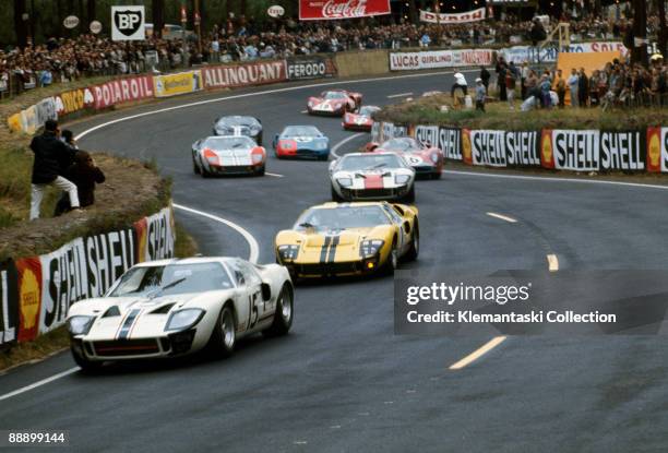 The Le Mans 24 Hours; Le Mans, June 18-19, 1966. Three Ford GT40s lead the way through the Esses early in the race. The leading GT40 is the Ford...