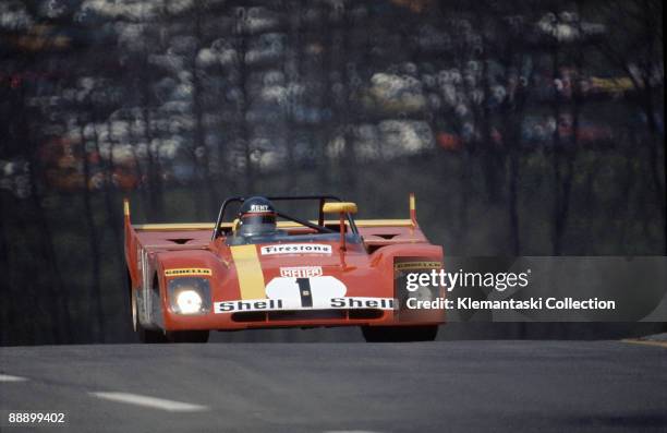 The Spa-Francorchamps 1000km. Race; Spa-Francorchamps, May 7, 1972. Jackie Ickx in the Ferrari 312PB coming over the top of the hill at Raidillon. He...