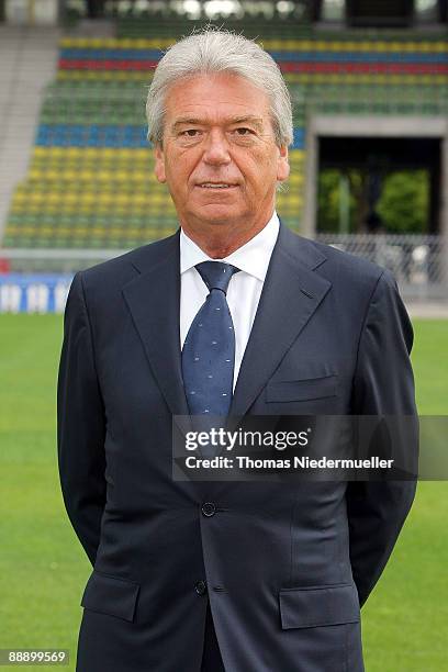 President Hubert H. Raase poses during the Second Bundesliga team presentation of Karlsruher SC at the Wildpark Stadium on July 8, 2009 in Karlsruhe,...