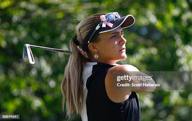 Amateur Alexis Thompson hits a shot during a practice round prior to the start of thw 2009 U.S. Women's Open at the Saucon Valley Country Club on...