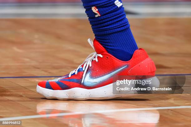 The shoes worn by DeAndre Jordan of the LA Clippers are seen during the game against the Washington Wizards on December 9, 2017 at STAPLES Center in...