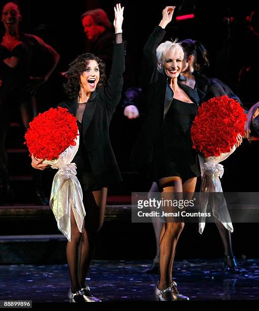 Actress and dancer Samantha Harris and actress Amra-Faye Wright take a bow during the Broadway production of 'Chicago' at the Ambassador Theatre on...