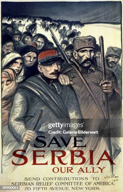 World War I poster asks US citizens to 'Save Serbia our Ally', 1916. The poster continues 'Send contributions to Serbian Relief Committee of...