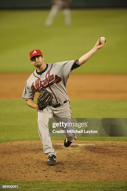 Boone Logan of the Atlanta Braves pitches during a baseball game against the Washington Nationals on July 3, 2009 at Nationals Park in Washington D.C.