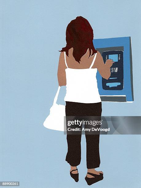woman using cash machine, rear view - woman in spaghetti straps stock illustrations