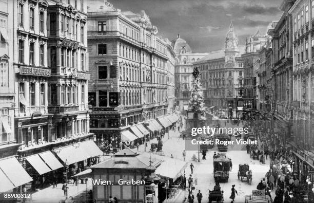 Postcard depicts a heavily retouched high-angle view of pedestrian and street traffic along der Graben, Vienna, Austria, late 19th or early 20sth...